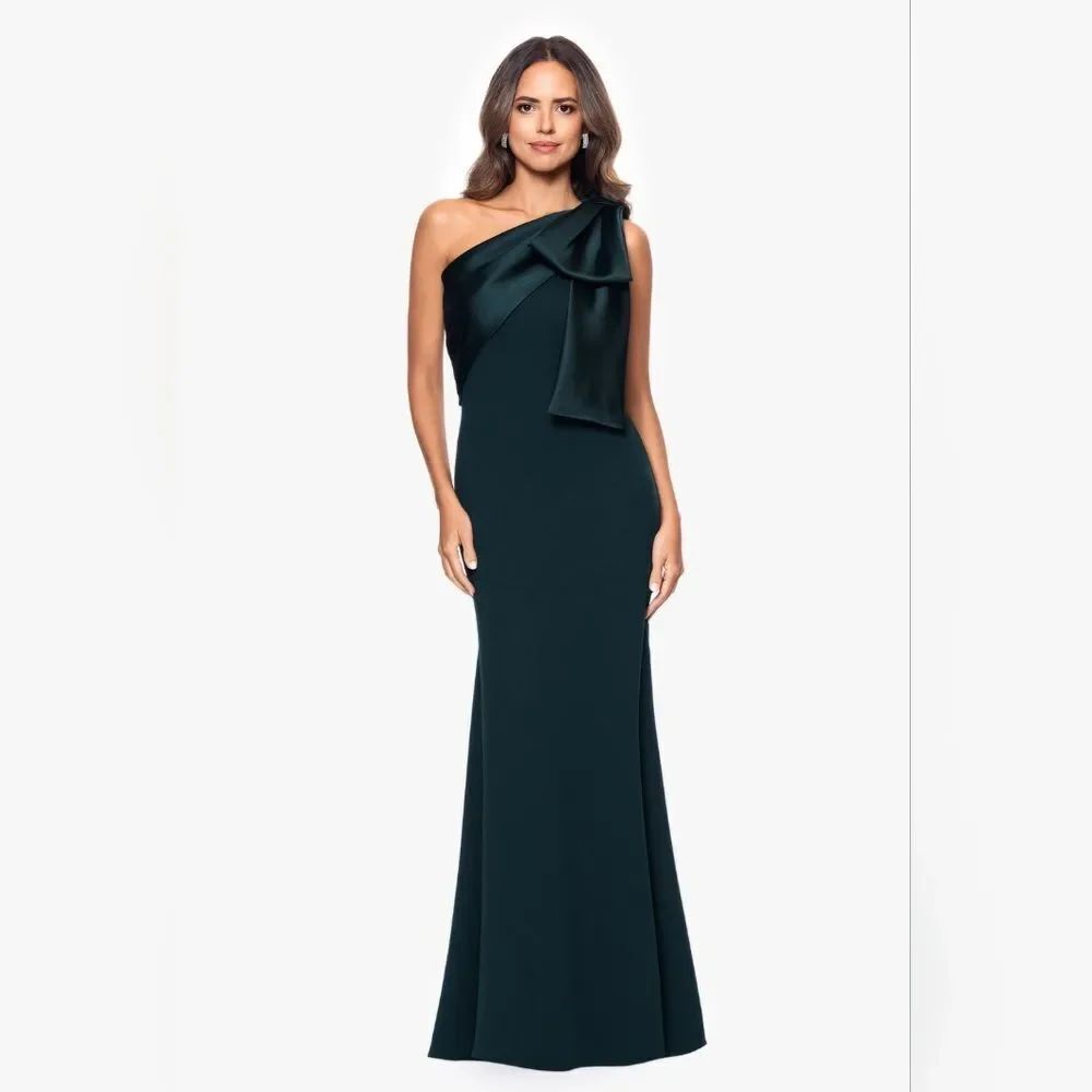 NWT Betsy & Adam "Carmela" Long Scuba Crepe Dress with Satin Bow Green 10